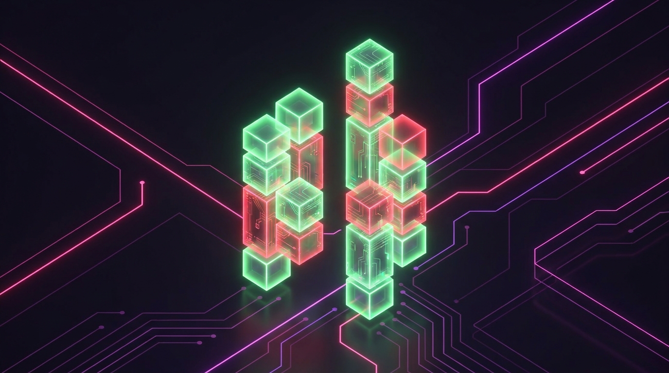 A sleek, futuristic 3D illustration of glowing neon green and red stacked digital blocks r
