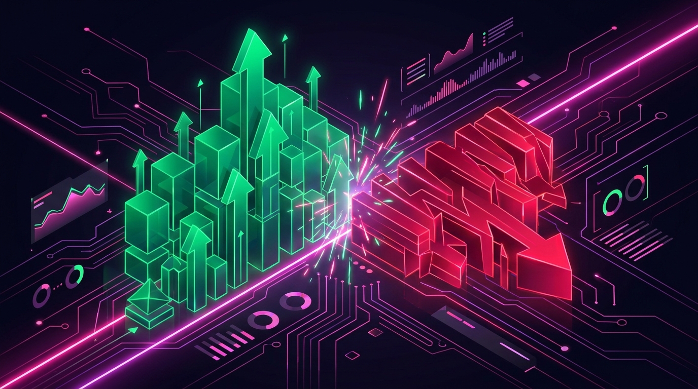 A close-up 3D render of a digital trading interface showing a massive green buy wall clash